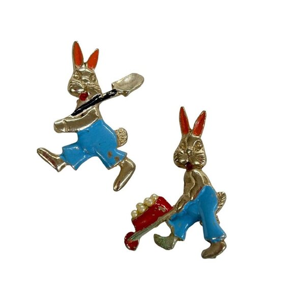 Vintage Scatter Pins Set of 2 Rabbit Farming Bunny Enameled 1.25" - Picture 5 of 5